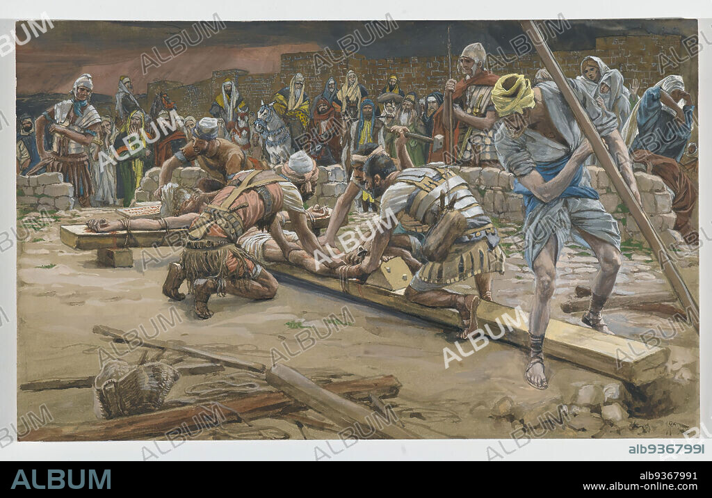The Nail for the Feet, Le clou des pieds, The Life of Our Lord Jesus Christ, La Vie de Notre-Seigneur Jésus-Christ, James Tissot, French, 1836-1902, Opaque watercolor over graphite on gray wove paper, France, 1886-1894, Image: 9 7/16 x 15 3/8 in., 24 x 39.1 cm, Mark 15:25.