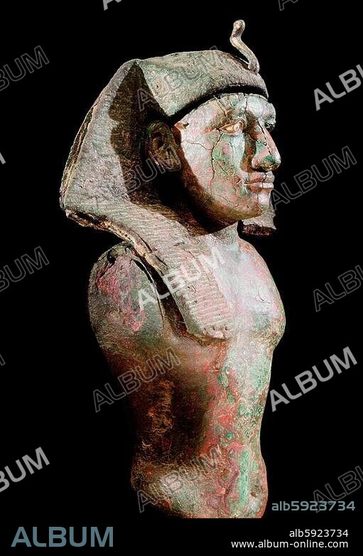Bust thought to be of King Amenemhat IV. He wears the 'nemes' headcloth. Profile view. Country of Origin: Egypt. Culture: Ancient Egyptian. Date / Period: Middle Kingdom, 12th Dynasty,. Place of Origin: Fayum 1808-1799 BC. Material Size: bronze.