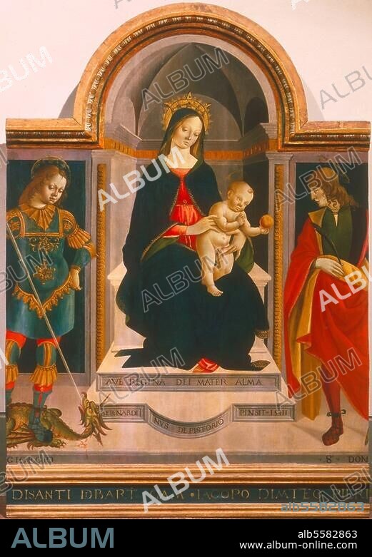 Bernardino d'Antonio del Signoraccio. 1460 - after 1532. "Madonna and Child and Saints George and Donninus (?) ", 1503. (Fragment of a Sacra Conversazione). On wood, 181 × 124cm. Pistoia, Museo Diocesano.