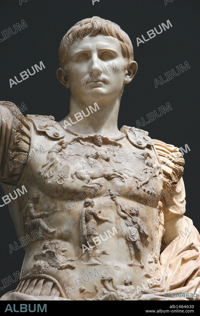Augustus (61 BC-14 AD). First roman emperor. Marble statue of Augustus of Prima Porta. (1st century) in the role of commander of the army. Vatican Museums. Vatican City State.