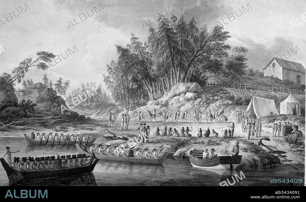 TOMAS DE SURIA. MALASPINA , ALEJANDRO. MARINO ITALIANO . 1754 - 1809. EXPEDICION CIENTIFICA 1789 - 1794. COSTA NOROESTE. " BAILE EN LA PLAYA DE NUTKA ". DIBUJO A PLUMA DE TOMAS SURIA. MUSEO NAVAL . MADRID.