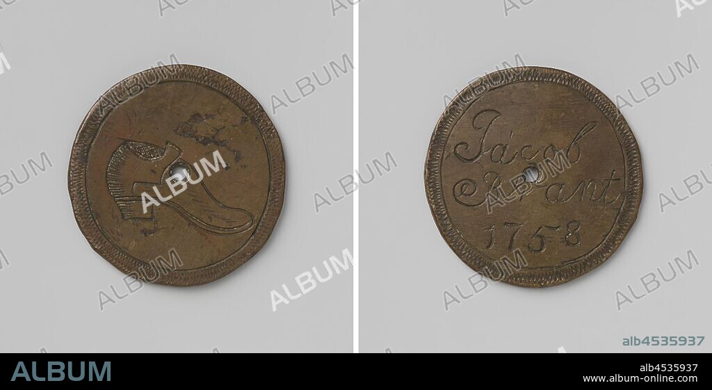 Shoemaker's Guild, Guild Medal of Jacob Brant, Brass Medal with Hole in Center. Front: shoe within shaded edge. Reverse: inscription inside shaded border, Jacob Brant, anonymous, Netherlands, 1758, brass (alloy), engraving, d 3.8 cm × w 18.22 gr.