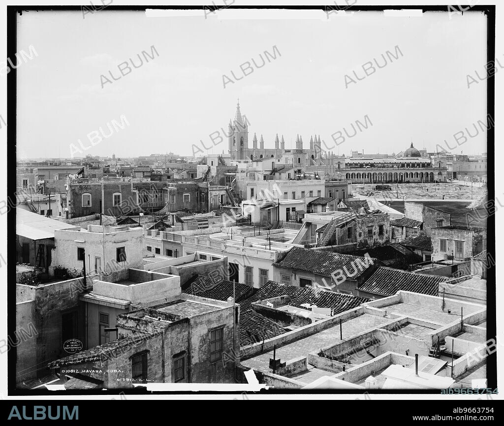 Havana, Cuba, c1904. The Iglesia del Santo Ángel Custodio (Church of Santo Angel Custodio) was built in 1846 in neo-Gothic style. Flat roofs for drying washing in the foreground.