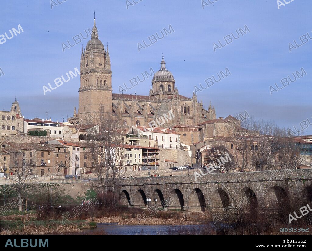 Vista general del puente romano y al fondo la catedral, s.XII-XIII, Salamanca, España.