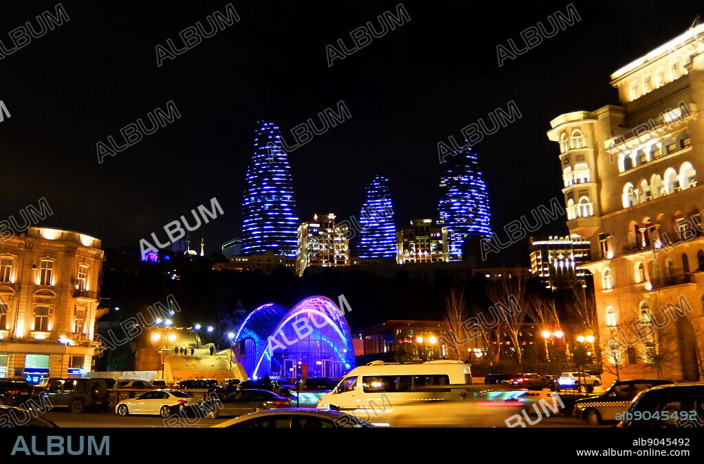 The Flame Towers, a trio of skyscrapers in Baku, Azerbaijan. The Towers symbolize the long history of fire worshippers that considered Azerbaijan as a birthplace for the prophet Zoroaster. Construction began in 2007, with completion in 2012.HOK was the architect for the project.