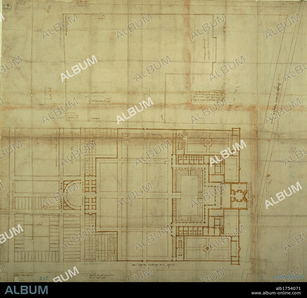 Layout / plan / design of a Medicean Palace on Via Laura, Florence, by Giamberti Antonio konwn as Antonio da Sangallo the Elder, from Giaberti Giuliano known as Giuliano da Sangallo, 1513-1513, 16th Century, ink and watercolor. Italy, Tuscany, Florence, Uffizi Gallery, Drawings and Prints Cabinet. General; overall plan of the building and its fixtures; fittings..