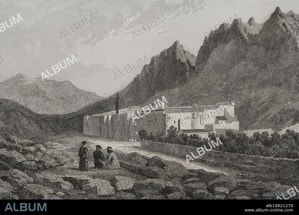 Monasterio de Santa Catalina. Situado a los pies del monte Sinaí. Grabado por Ransonnette. "La Tierra Santa y los lugares recorridos por los profetas, por los apóstoles y por los cruzados". Publicada en Barcelona, imprenta de Joaquín Verdaguer, 1840.