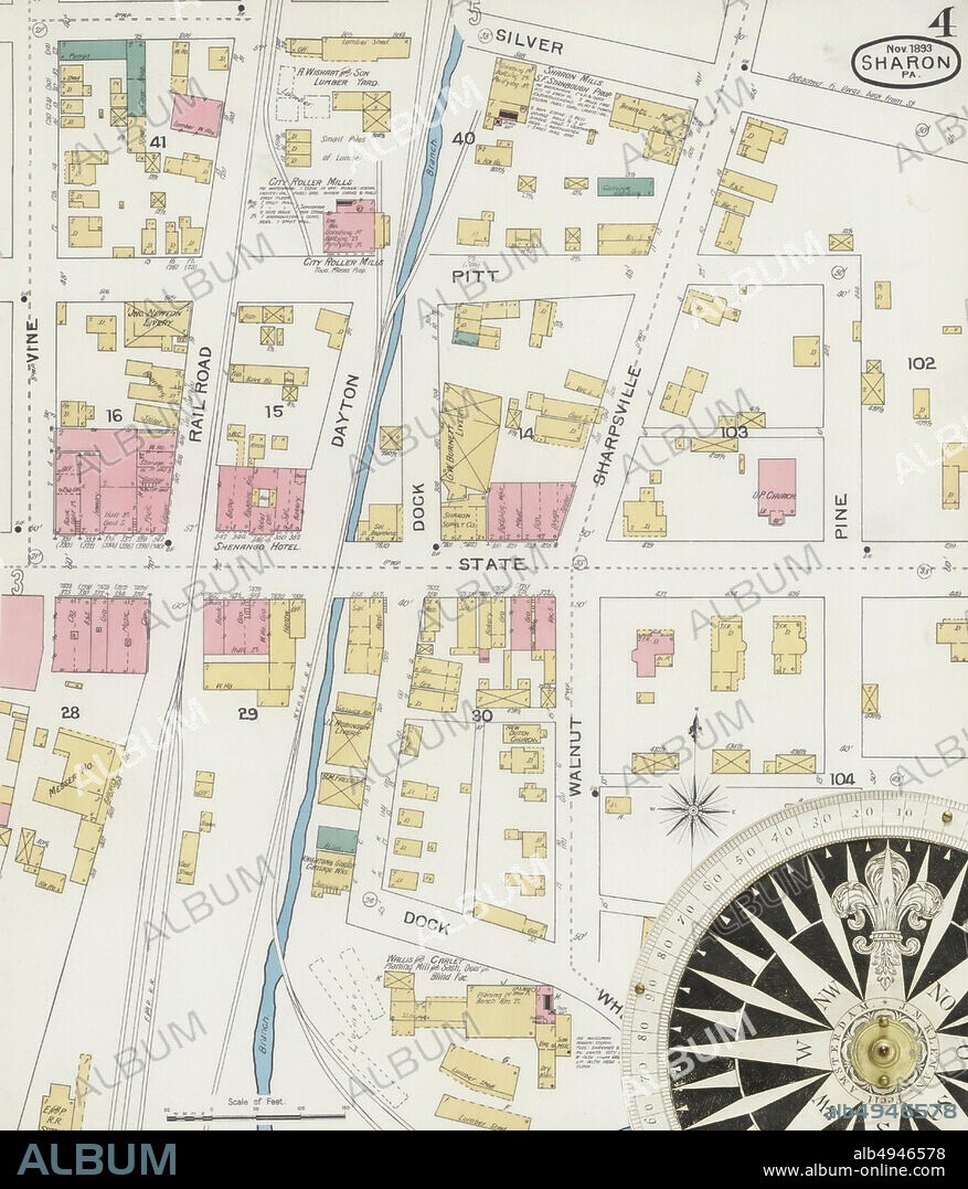 Image 4 of Sanborn Fire Insurance Map from Sharon, Mercer County, Pennsylvania. Nov 1893. 9 Sheet(s), America, street map with a Nineteenth Century compass.