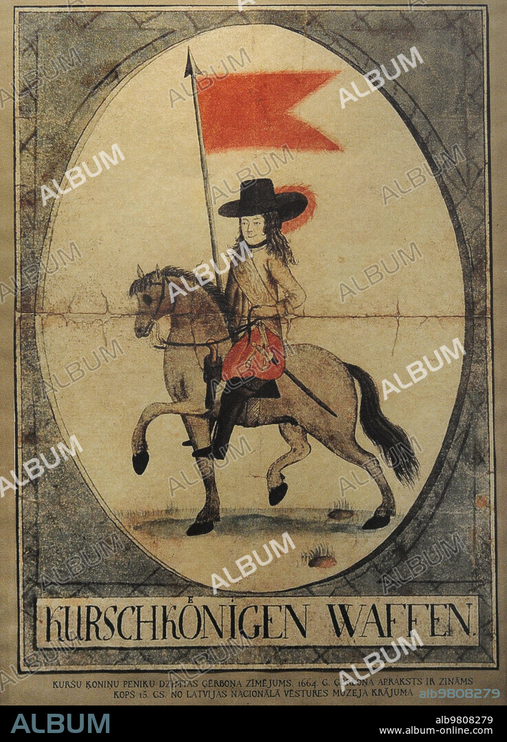 Reyes Curonios. Kurschkonigen. Escudo de armas. Siglo XVII. En 1230, un acuerdo celebrado entre el rey Lamekin (Lammekinus Rex), representando a los curonios, y un representante autorizado de un legado del Papa de Roma, estableció que los curonios se obligaban a participar en las batallas contra los paganos. El acuerdo finalizó al poco tiempo. El título de los Reyes de Curlandia se confirmó por escrito por primera vez a Peniis en el documento de feudo en 1504, aunque el primer documento de este tipo se había emitido ya a Tontegode en 1320. Los reyes de Curlandia vivían en siete pueblos libres: onii, Kaleji, Plii, Ziemei, Draguni, Viesalgi y Sausgai. Como vasallos recibieron tierras y privilegios de la Orden de Livonia. En contrapartida tenían el deber de participar en las batallas con sus caballos y armas defendiendo a la Orden de Livonia, quedando a la vez exentos de diversas obligaciones. Los escudos de armas, con un jinete a caballo, una espada al costado y portando un estandarte, evidencian el servicio militar que prestaban. Procedente del Museo Nacional de Vestuario de Letonia. Museo de la Guerra de Letonia. Riga. Letonia.