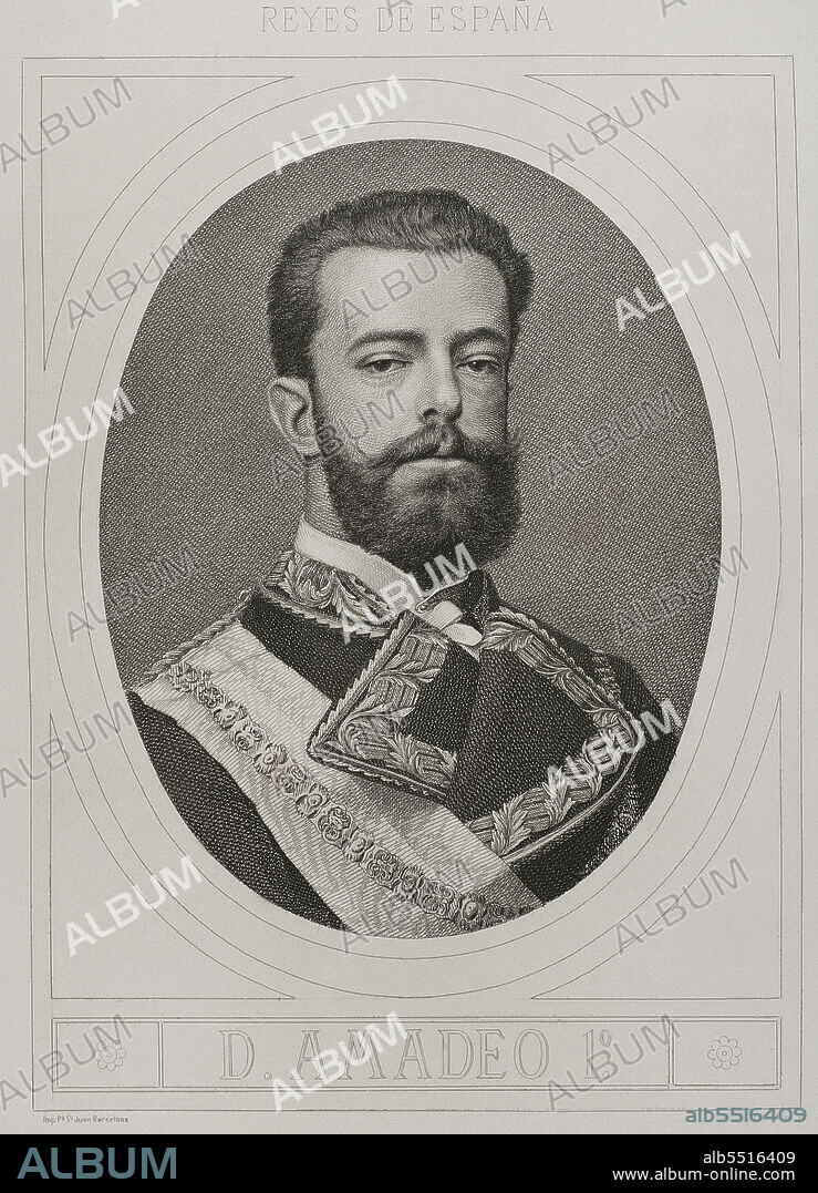 JOAQUÍN FURNÓ I ABAD (1832-1918). SPANISH ENGRAVER.. Amadeo I de España (1845-1890). Rey de España desde el 2 de enero de 1871 hasta el 11 de febrero de 1873. Primer duque de Aosta. Retrato. Grabado por J. Furnó. Historia General de España, por Modesto Lafuente. Tomo IV. Editada en Barcelona, 1882.