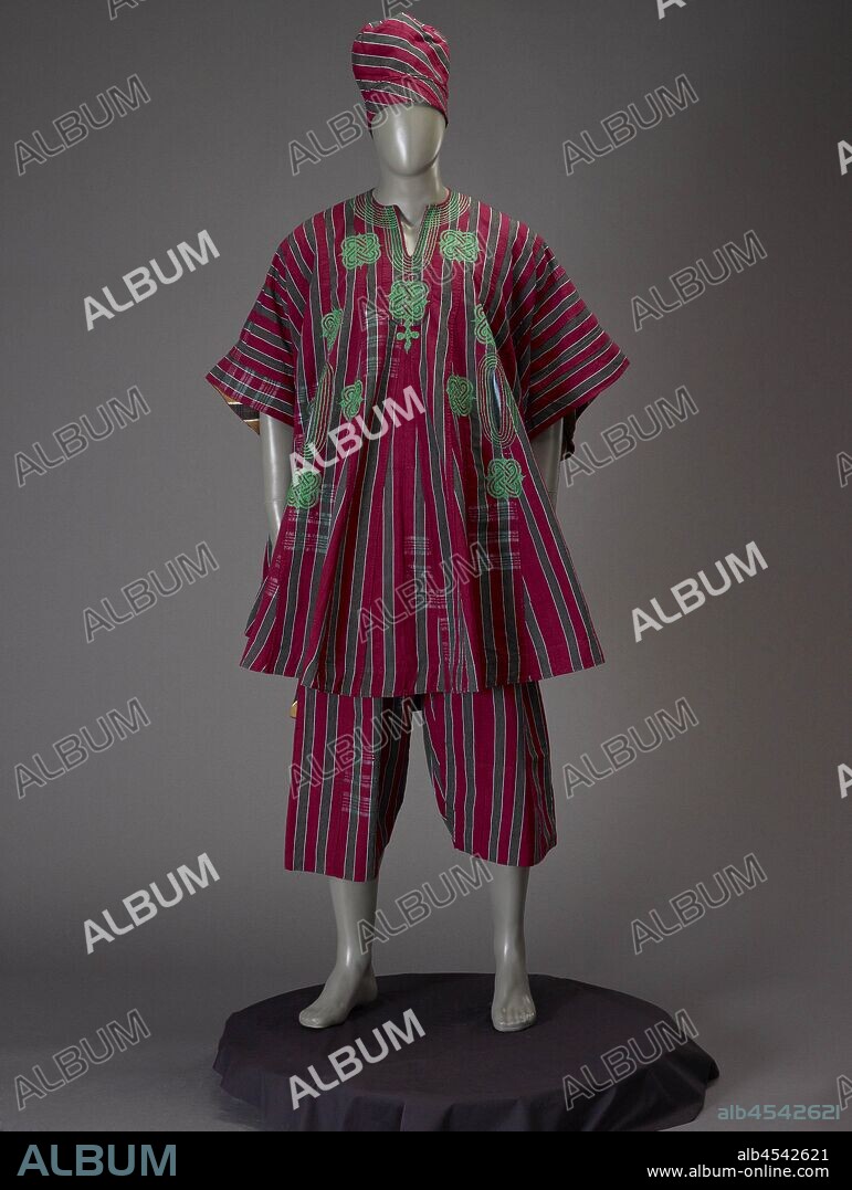 man's garment (gbariye), Yoruba, 1980s, cotton, embroidered with cotton, A): top: length 42 in., B) pants: length 33 in. C) hat: height 10-1/2 in., Textile and Fashion Arts.