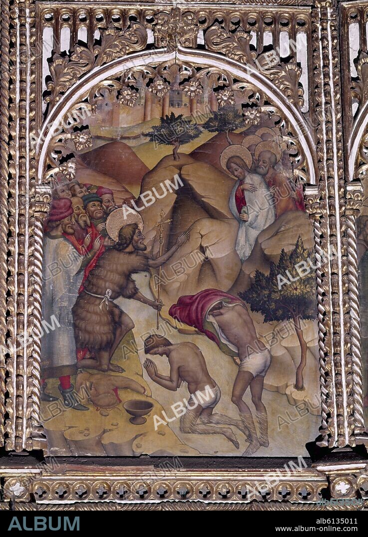NICOLÒ DELLI. DETALLE DEL RETABLO MAYOR DE LA CATEDRAL DE SALAMANCA - EL BAUTISMO DEL JORDAN - SIGLO XV - GOTICO INTERNACIONAL.