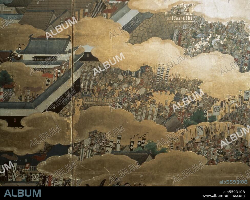 Japanische Geschichte / Shogunat der Tokugawa 1603-1868 / Eroberung Osakas. 1615 (Ieyasu Tokugawa schaltet die rivalisierende Familie Toyotomi endgültig aus). Szene aus der Belagerung der Burg von Osaka. Ausschnitt aus einem Wandschirm, bemalt von Kuroda Nagamasa (1568-1623).