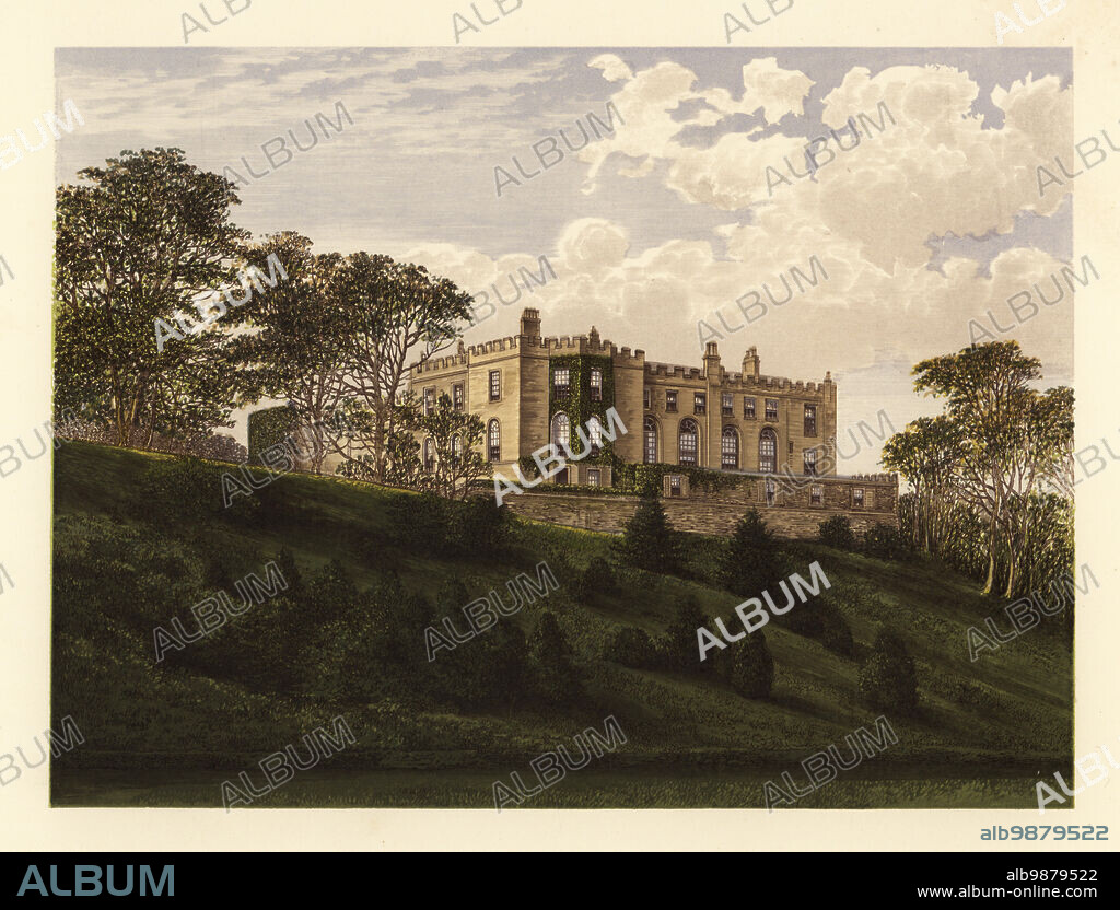 Workington Hall, Cumberland, England. Mansion house built in the time of WIlliam Rufus (11th century) by Patric de Culwen, castellated in 1379, on a hill over the River Derwent. Home of Edward Stanley Curwen, 14th Light Dragoon Guards and later Henry Fraser Curwen, 56th Regiment. Colour woodblock by Benjamin Fawcett in the Baxter process of an illustration by Alexander Francis Lydon from Reverend Francis Orpen Morriss A Series of Picturesque Views of the Seats of Noblemen and Gentlemen of Great Britain and Ireland, William Mackenzie, London, 1880.
