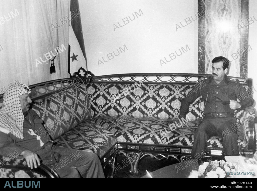 Yasser Arafat and Saddam Hussein, Iraq, 1987. A meeting between the leader of the Palestine Liberation Organisation (PLO) and the President of Iraq.