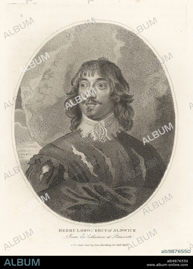 Henry Percy, Baron Percy of Alnwick, died 1659. Sat in the Short Parliament as the member for Portsmouth and in the Long Parliament as MP for Northumberland. In van Dyke beard, lace collar, doublet, with cloak. From the collection at Petworth House. Henry, Lord Percy of Alnwick. Copperplate engraving by Edward Harding from John Adolphus The British Cabinet, containing Portraits of Illustrious Personages, printed by T. Bensley for E. Harding, 98 Pall Mall, London, 1799.