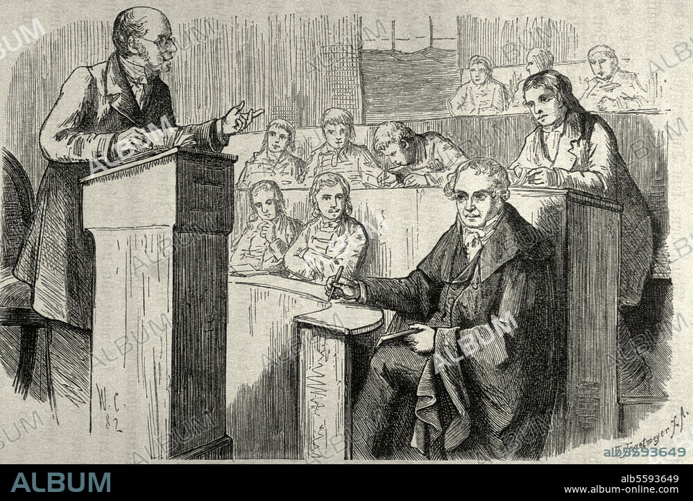 WILHELM LUDWIG CLAUDIUS. Humboldt, Alexander Baron; natural scientist and geographer; 1769-1859. The aging Humboldt vistits the lecture by Karl Ritter about general geography at the Berlin Univerity. Woodcut, 1882, after a drawing by Wilhelm Claudius (born 1854). From: Stieler, Lebensbeschreibungen.
