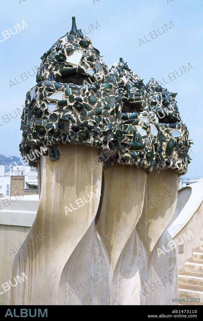 Modernism. La Pedrera or Casa Mila by the Catalan architect Antonio Gaudi (1852-1926). Chimneys. Barcelona. Catalonia. Spain.