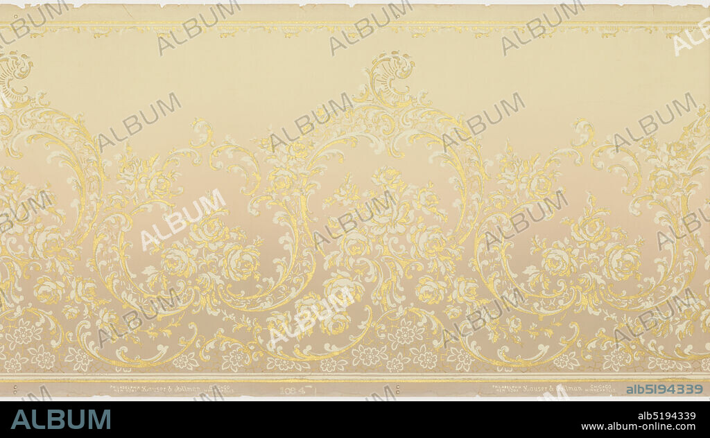 Frieze, Kayser & Allman, Machine-printed paper, Repeating design of large medallions composed of scrolls. Asymmetrical arrangement in Rococo style. Narrow band of scrolling motfs along top edge. Background shades from light at the top to darker at the bottom. Printed in white and metallic gold on an off-white or tan ground., Philadelphia, Pennsylvania, USA, 19051915, Wallcoverings, Frieze.