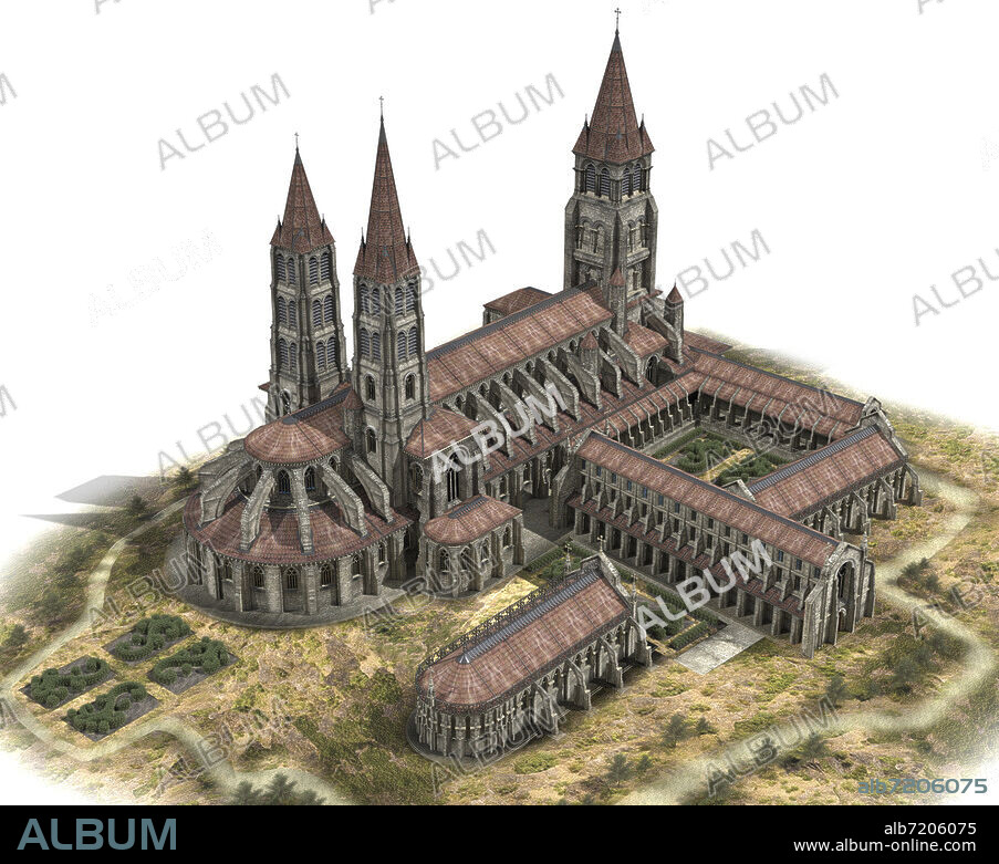 History of Paris. The Abbey of Saint-Germain-des-Prés circa 1520. Former Benedictine Abbey of Paris, located in the present 6th arrondissement, founded in the middle of the 6th century by the Merovingian king Childebert I and the bishop of Paris, Saint Germain under the name of St. Vincent and St. Croix. 3D Reconstruction (Digital image), 2017.