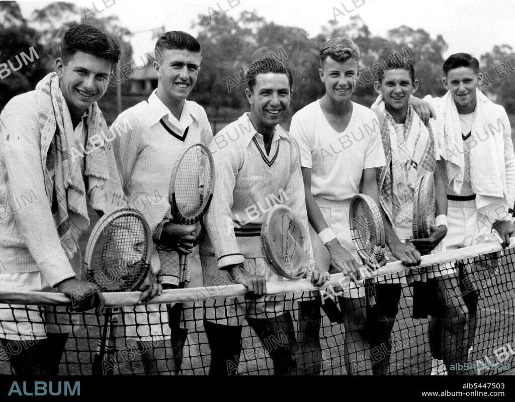 Inspiring tennis juniors, who took part in the Linton Cup series at Melbourne during the week. From left: Ashely Cooper (Vic), Merv Gaydon (Q'land), Warren Kennedy (Vic.), Warren Woodcock (NSW), Bill Gilmour (NSW) and Roy Emerson (Q'land). January 16, 1953.