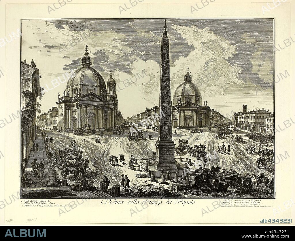 View of the Piazza del Popolo, from Views of Rome, 1750/59, Giovanni Battista Piranesi, Italian, 1720-1778, Italy, Etching on heavy ivory laid paper, 383 x 540 mm (image), 405 x 545 mm (plate), 469 x 605 mm (sheet).