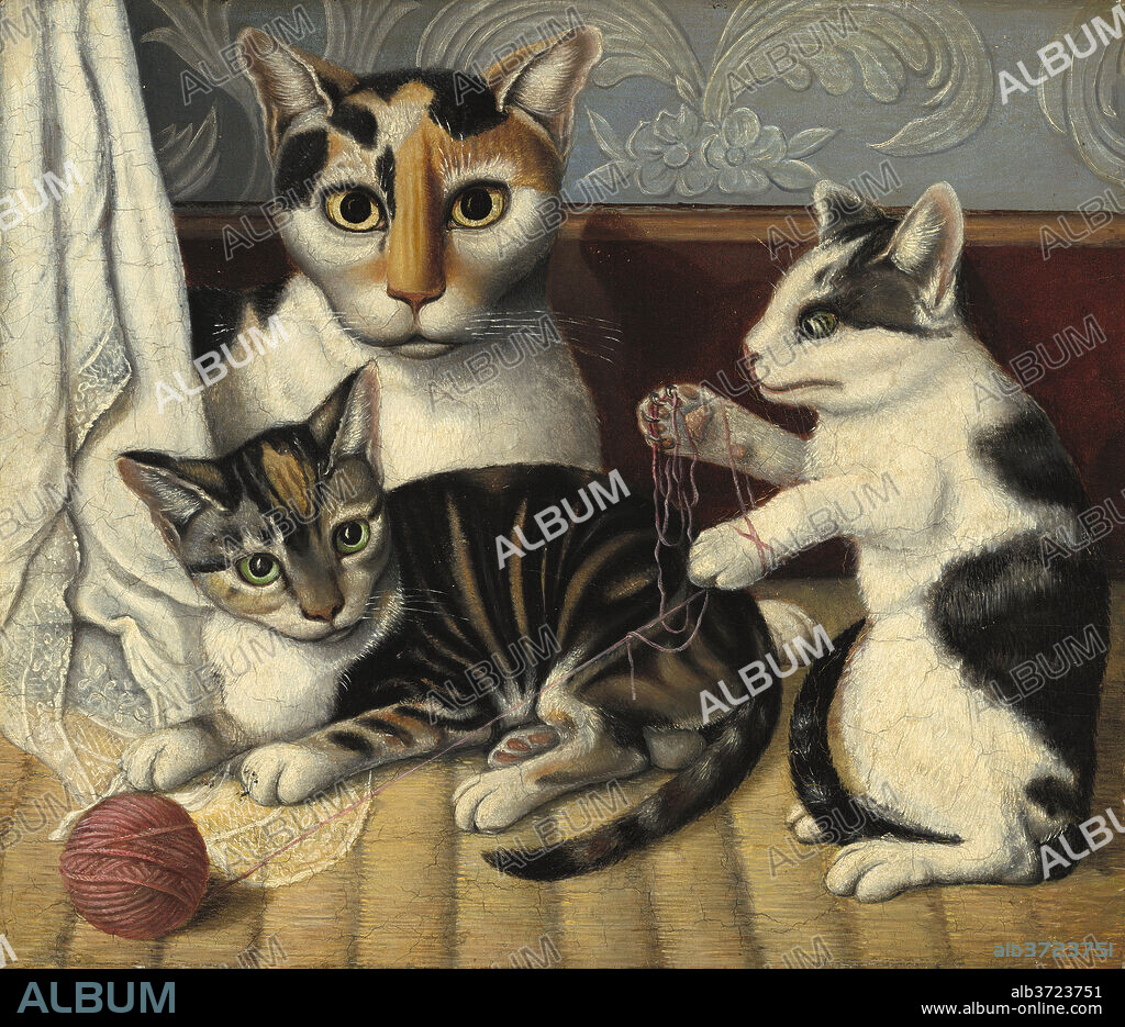 AMERICAN 19TH CENTURY. Cat and Kittens. Dated: c. 1872/1883. Dimensions: overall: 30 x 34.9 cm (11 13/16 x 13 3/4 in.)  framed: 38.4 x 43.2 x 2.5 cm (15 1/8 x 17 x 1 in.). Medium: oil on millboard.
