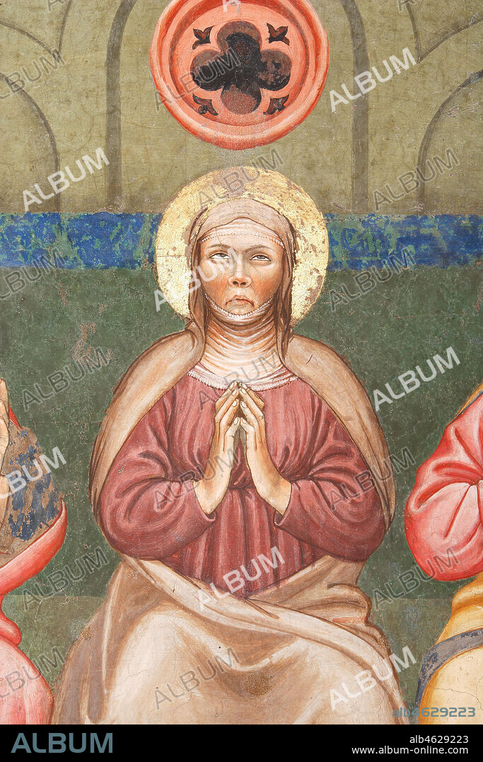 Vignola Stronghold, the Contrari Chapel, Eastern wall: "The Pentecost", fresco by the Master of Vignola, about 1420. Detail of the Virgin Mary.