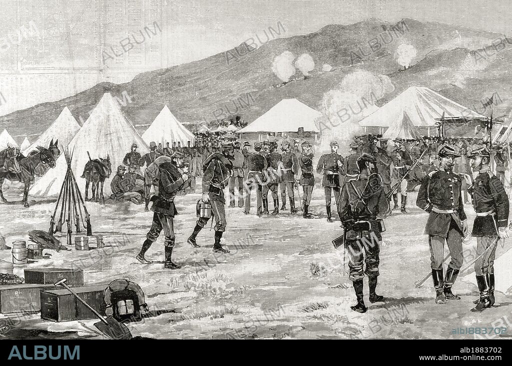HISTORIA DE BULGARIA. SIGLO XIX. Rumelia Oriental se rebeló contra Turquía en 1885 y se unió a Bulgaria. Por ella, Serbia declaró la guerra a Bulgaria, siendo ésta derrotada rápidamente (1885). "LA CUESTION DE RUMELIA ORIENTAL. CAMPAMENTO SERBIO EN LA FRONTERA". Grabado de "La Ilustración Española y Americana", año 1885.
