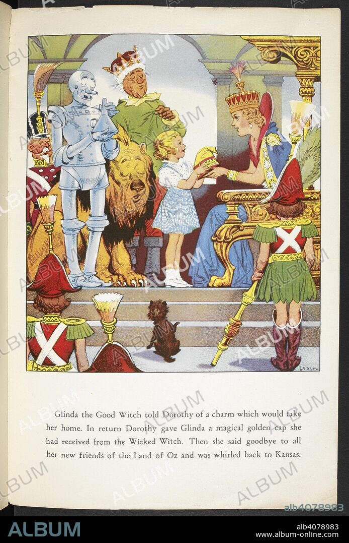 LYMAN FRANK BAUM and PERCY ALEXANDER LEASON. Dorothy meeting Glinda the good witch before leaving the land of OZ. The Wizard of Oz picture book. London : Hutchinson, [1940]. Source: LB.31.c.9373 page 10.