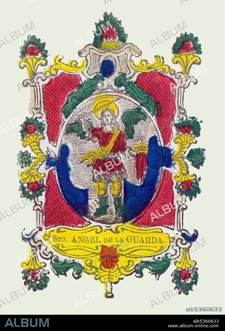 Santo Angel de la Guarda o ángel custodio, según las creencias católicas es el ángel al que Dios da la misión de proteger, guardar y guiar a cada persona durante su vida en la tierra para facilitarle el ascenso al Cielo. Estampería popular del siglo XVIII, pintado a mano.