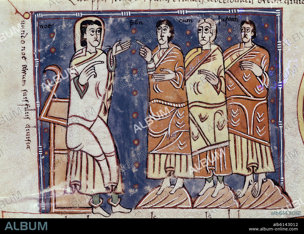 CODICE ALBENDENSE O VIGILANO - FOL 17 V - DETALLE DE NOE CON SUS HIJOS SEM,CAM Y JAFET - MANUSCRITO MOZARABE - SIGLO X.