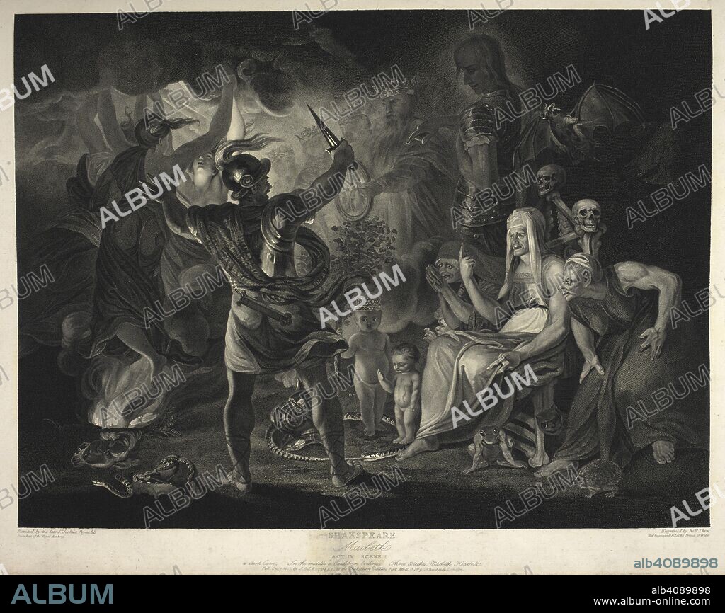 WILLIAM SHAKESPEARE. Macbeth. Act IV, scene I- Macbeth and the three witches round a cauldron. A Collection of Prints, from pictures painted for the purpose of illustrating the Dramatic Works of Shakspeare, by the Artists of Great Britain. London : J. & J. Boydell, 1803. Source: Tab.599.c. volume 1, plate 39. Language: English.