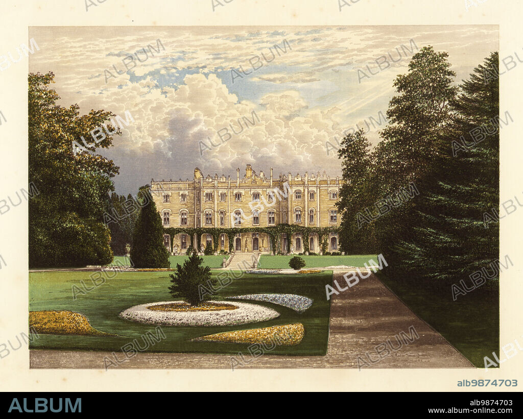 Hughenden Manor, Buckinghamshire, England. Tudor farmhouse converted into a Georgian neoclassical manor house by merchant Charles Savage in 1738. Home of Sir Benjamin Disraeli, Earl of Beaconsfield, MP. Colour woodblock by Benjamin Fawcett in the Baxter process of an illustration by Alexander Francis Lydon from Reverend Francis Orpen Morriss A Series of Picturesque Views of the Seats of Noblemen and Gentlemen of Great Britain and Ireland, William Mackenzie, London, 1880.