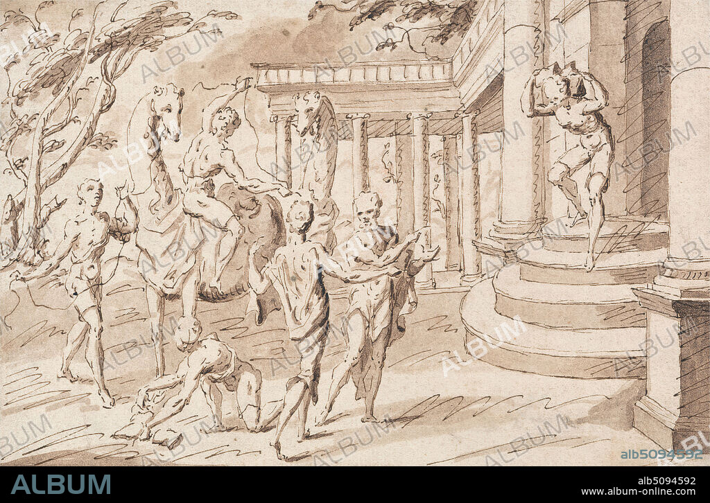 Raphael receiving the money of Tobias from Gabael: Tobit 9:5, Thomas Carwitham, active 1723, British, undated, Pen and brown ink and brown wash on moderately thick, slightly textured, cream laid paper mounted on thick, moderately textured, cream laid paper, Mount: 7 x 9 9/16 inches (17.8 x 24.3 cm) and Sheet: 5 5/16 x 8 inches (13.5 x 20.3 cm), angels, archangels, bag, camels (mammals), colonnade, columns, men, money, Old Testament, religious and mythological subject, stairs, the book of Tobit, the piety of the old Tobit (Tobit 1:10-22).