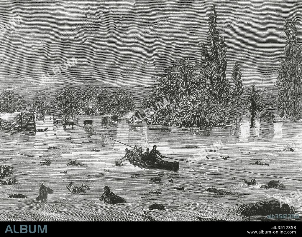 España. Murcia. La Riada de Santa Teresa (14-15 de octubre de 1879). Cuenca del rio Segura. Aspecto de la Huerta del Malecón en las primeras horas del 15 de octubre de 1879. Grabado por Capuz. "La Ilustración Española y Americana", 1879.
