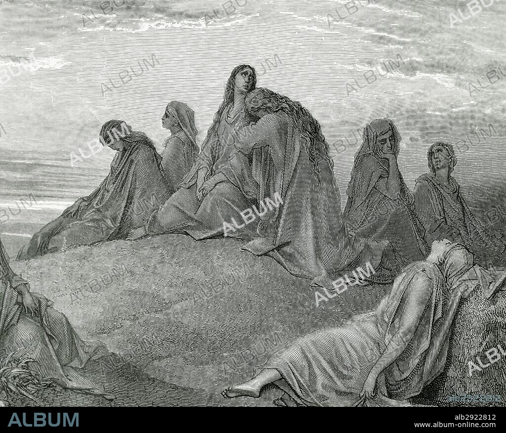 JEFTE. Juez de Israel, según la Biblia, originario de Galaad. Después de su victoria sobre los amonitas, sacrificó a su hija en cumplimiento de un voto que hizo a Jehová. "LA HIJA DE JEFTE Y SUS COMPAÑERAS". Jueces. Capítulo XI, versículos 36 al 40. Dibujo de Gustave DORE.