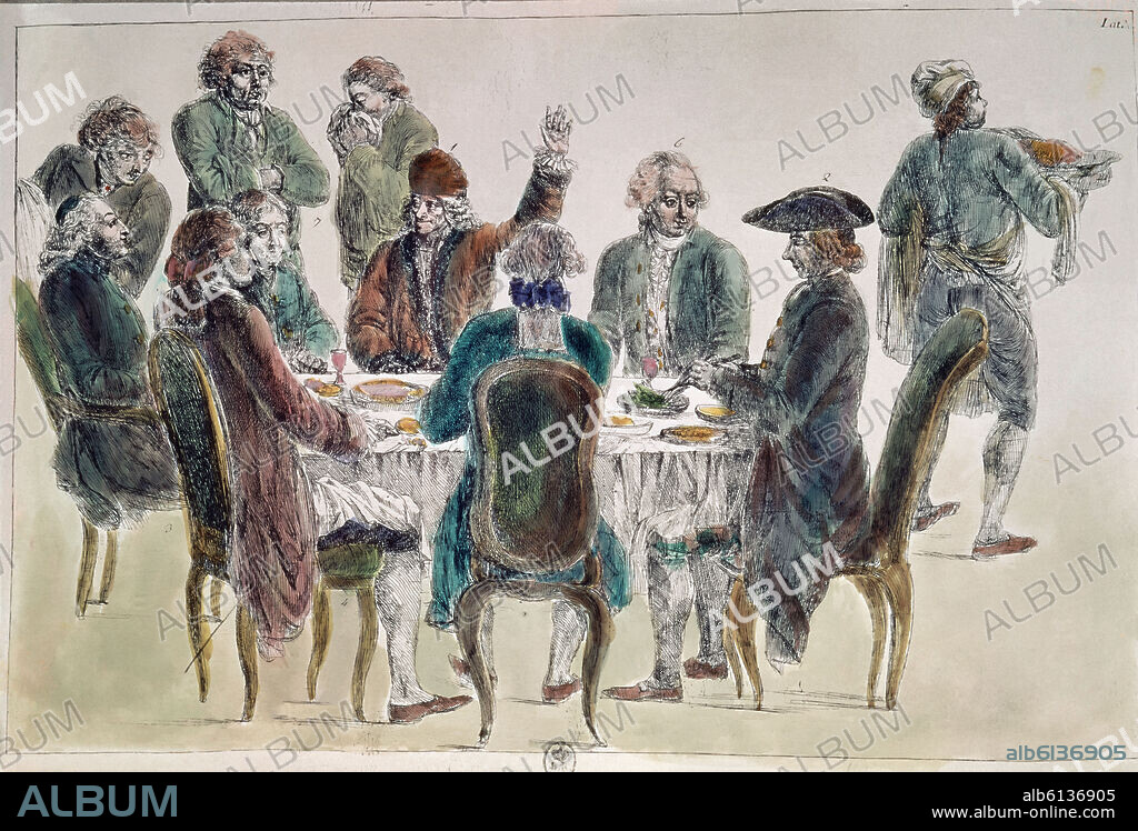JEAN HUBER. CENA IMAGINARIA DE FILOSOFOS - VOLTAIRE CON EL ABATE MANEY, DIDEROT,D'ALAMBERT Y OTROS, 1772/73.