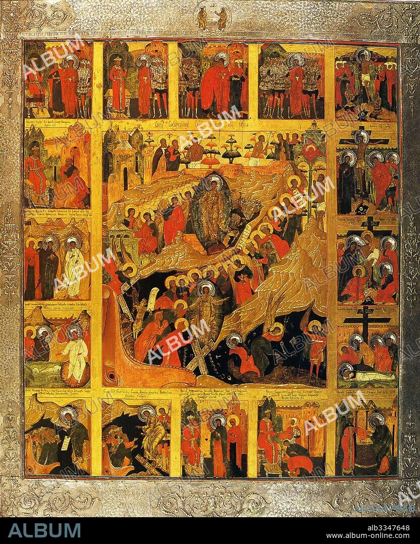 RUSSIAN ICON. The Descent into Hell with the Scenes of the Passion of the Christ.