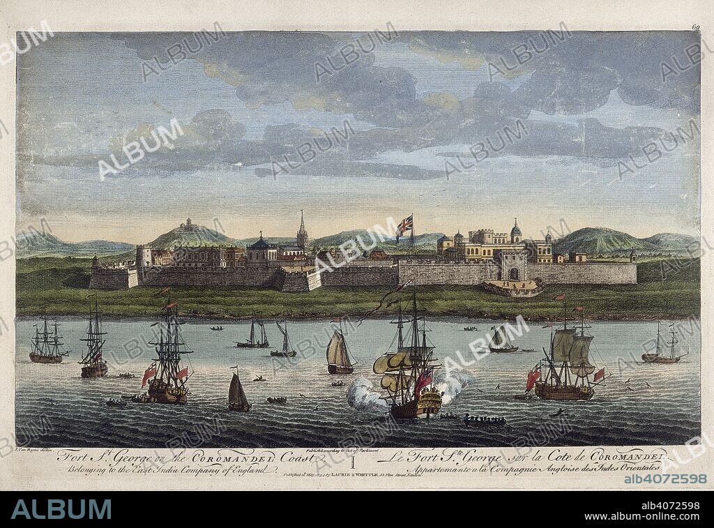 JAN VAN RYNE. Fort of St.George. Fort of St.George on the Coromandel Coast, Madras, belonging to the East India Company of England. Line engraving. . Source: P236,.