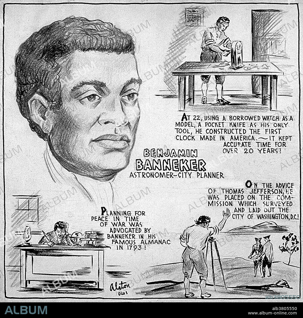 Benjamin Banneker (November 9, 1731 - October 9, 1806) was a free African-American scientist, surveyor, almanac author and farmer. Born to a free African-American woman and a former slave, he had little formal education and was largely self-taught. In 1753 at the age of 22, Banneker completed a wooden clock that struck on the hour and was able to start up his own watch and clock repair business. Borrowing books on astronomy and mathematics and putting his newfound knowledge to use, he accurately predicted a 1789 solar eclipse. In the early 1790s, he compiled and published his Almanac and Ephemeris of Pennsylvania, Delaware and Maryland. He corresponded with Thomas Jefferson on the topics of slavery and racial equality. Impressed by his abilities, Jefferson recommended Banneker to be a part of a surveying team to lay out Washington, D.C. Appointed to the three-man team by president George Washington, he wound up saving the project when the lead architect quit and took all the plans with him. Using his meticulous memory, Banneker was able to recreate the plans. Sadly after declining sales of his almanac and having to sell off his farm he died in his log cabin in 1806, exactly one month before his 75th birthday.