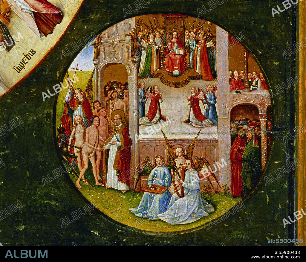 HIERONYMUS BOSCH. The table of the Seven Deadly Sins Heaven (Glory) -detail. Four circular scenes in the corners depict the Four Last Things (Death, Judgement, Hell and Heaven). The painting belonged to king Philip II of Spain. Total size: 120 x 150 cm Cat. 2822.