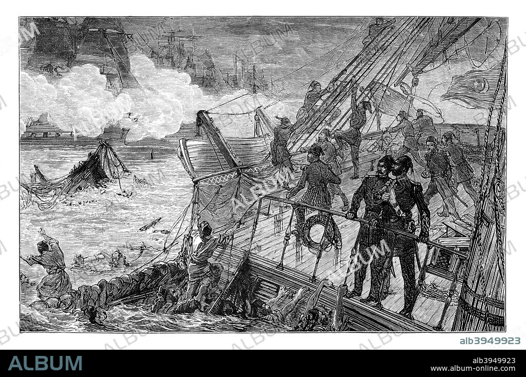 Destruction of the Turkish fleet at Sinope, 1853, (1900). The port of Sinop on the Black Sea was attacked by Russia, precipitating the Crimean War. Illustration from the The Life & Times of Queen Victoria, Vol II, by Robert Wilson.