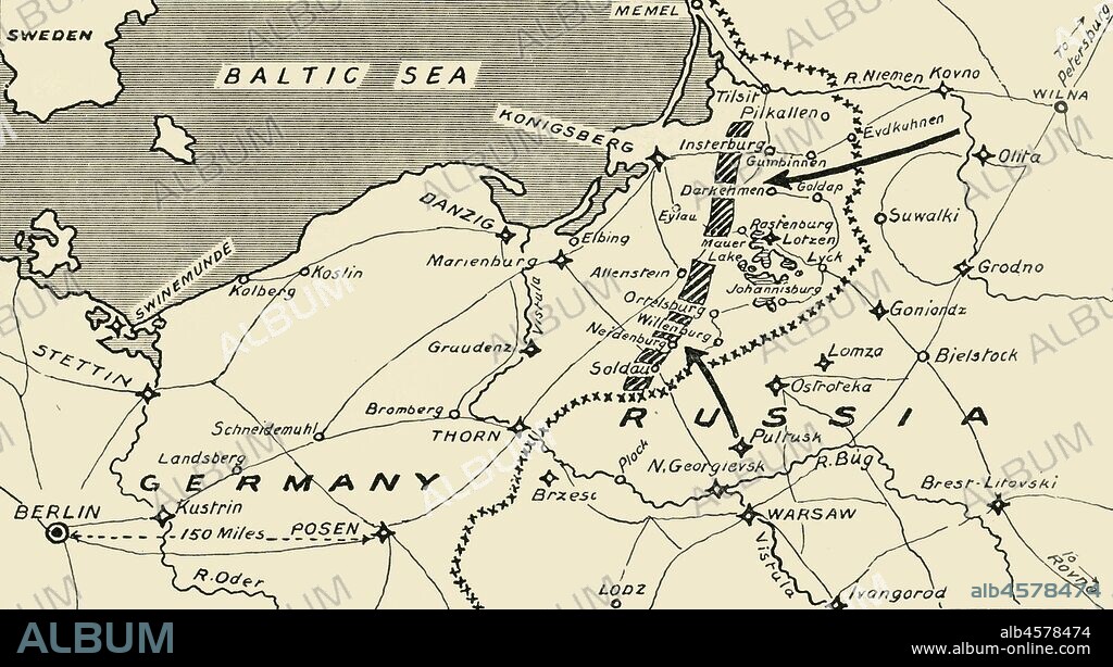 'Map illustrating the Russian Invasion of East Prussia', 1915. From August to September 1914, the Russian Empire invaded Germany on the Eastern Front . From "The War Illustrated Album De Luxe - Volume I. The First Phase", edited by J. A. Hammerton. [The Amalgamated Press, Limited, London, 1915].