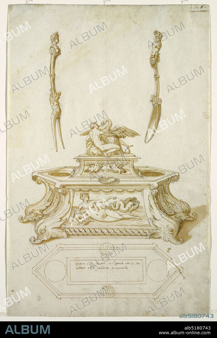 Design for a Salt Cellar and Egg Dish with Fork and Spoon, Pen and brown ink, brush and brown wash, charcoal or black chalk traces, ruled lines in leadpoint on cream laid paper, Fork at top left with end of handle formed by female bust; an extended volute forms length of handle which connects to a satyr whose legs tranform into two fork tines. Spoon at top right has handle formed by satyr-herm whose lower half extends to connect to bowl of spoon with two opposing scrolls and a mask. Design for saltcellar and egg dish in center; figures of Leda and the swan at top of vessel upon a raised rectangular plinth; relief panel with two swans on front side of plinth; lower part of vessel is six-sided with round well for holding an egg on each end and projecting seashell to hold salt in center front; front panel displays figure of Venus reclining on the sea with one elbow resting on a dolphin and other hand holding reigns of two dolphins, ornamental curtain above the scene; dolphin heads on lower corners form the feet; guilloche ornament borders the lower edge; oval reserves with figures on angled sides. Plan of vessel at bottom, inscription located within the rectangle framing for the raised plinth and between the seashell shapes for the salt and round shapes for the eggs., Italy, ca. 1570, metalwork, Drawing, Drawing.