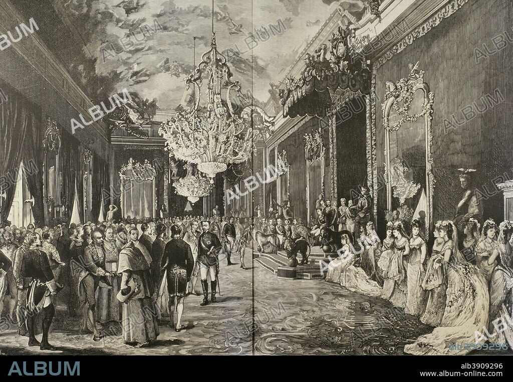 Bourbon Restoration. Spain, Madrid. Official reception in the Throne Hall of the Royal Palace, in celebration of the days of Alfonso Xll, King of Spain (1857-1885), on 23rd January. Drawing by Comba. Engraving. La Ilustracion Espa–ola y Americana. January 30, 1876.