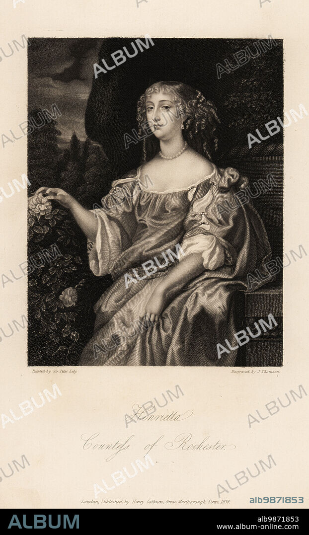 Henrietta Hyde, Countess of Rochester, wife of Laurence Hyde, 1st Earl of Rochester, formerly Lady Henrietta Boyle, one of the Windsor Beauties, 1646-1687. Steel engraving by J. Thomas after a portrait by Sir Peter Lely from Mrs Anna Jamesons Memoirs of the Beauties of the Court of King Charles the Second, Henry Coburn, London, 1838.