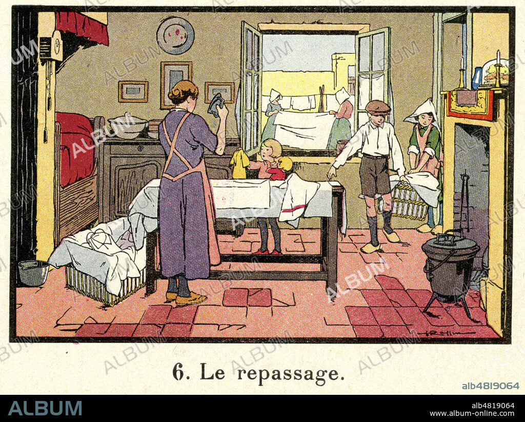 'Le repassage'. Illustration vers 1920 par Ferdinand RAFFIN (19-20 s.) pour l'Imagier de l'Enfance, le vocabulaire et la redaction par l'image individuelle par Melle GEORGIN et M. LACABE-PLASTEIG. Credit : IM/KHARBINE-TAPABOR.