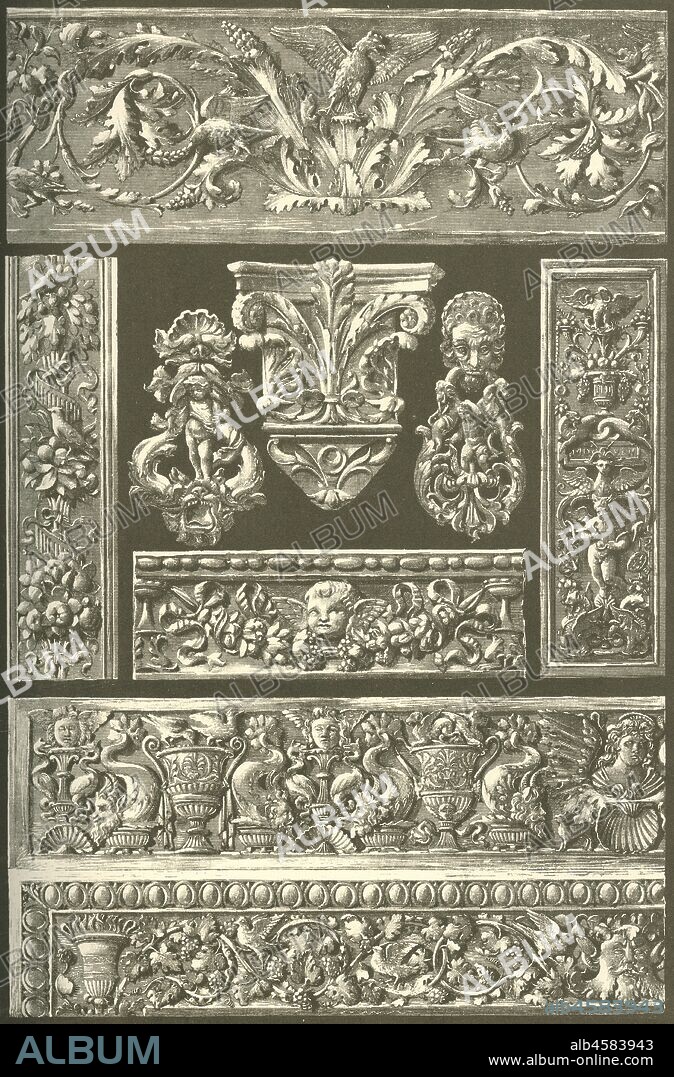 Italian Renaissance ornament in marble and bronze, (1898). 'Fig 1: Door-lintel with marble-frieze in the Palazzo Ducale at Urbino, 15th century. Fig 2: Frieze on a marble-chimney ibid. Fig 3: Console-capital of marble from the church Fonte Giusta at Siena, late 15th century. Fig 4: Frieze on a tomb. Fig 5: Door-frame of bronze from the Ghiberti Gate of the Baptistery at Florence. Fig 6: Panel of a pilaster-strip in marble from the altar in the church Fonte Giusta at Siena. Figs 7 and 8: Door-knockers of bronze. Fig 9: Capital of a column from the portal of the Badia at Florence'. Plate 56 from "The Historic Styles of Ornament" translated from the German of H. Dolmetsch. [B.T. Batford, London, 1898].