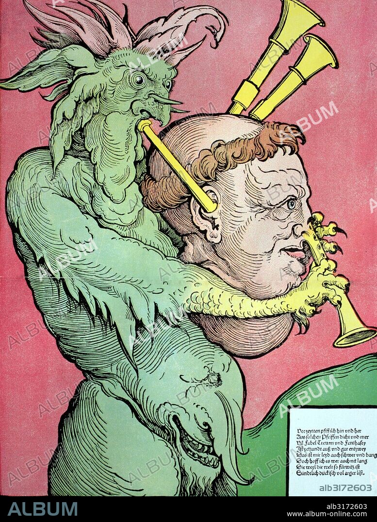 The devil's bagpipes, german caricature on the guilty pleasure of monks, woodcut, around 1525.